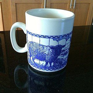 Coffee Mugs Farm Animals Sheep Lambs Mug Tea Cup Blue & White